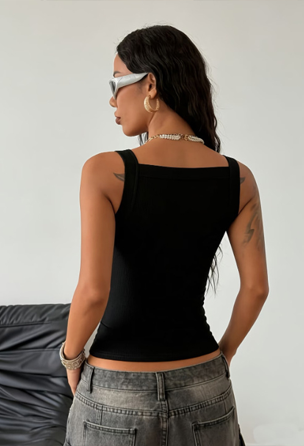 Gothic Black Adjustable Strap Tank Top Dark Y2K Style Metal Buckle Slim Fit Sleeveless Top